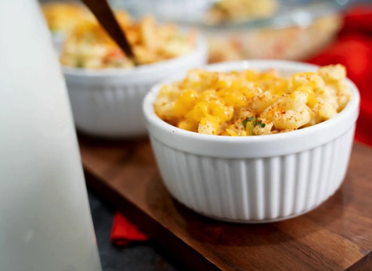 mac and cheese in white ramekin